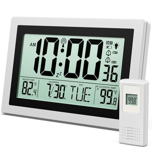 Zgrmbo 12 Inch Night Light Atomic Clock Battery Operated Wall Clock, Auto Sets Digital Alarm Clock