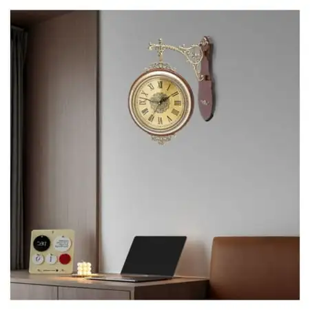 ZHOUJIA Vintage Wall Clock Quartz Clock Silent Non Ticking Clock Wooden Double Sided NEW detail