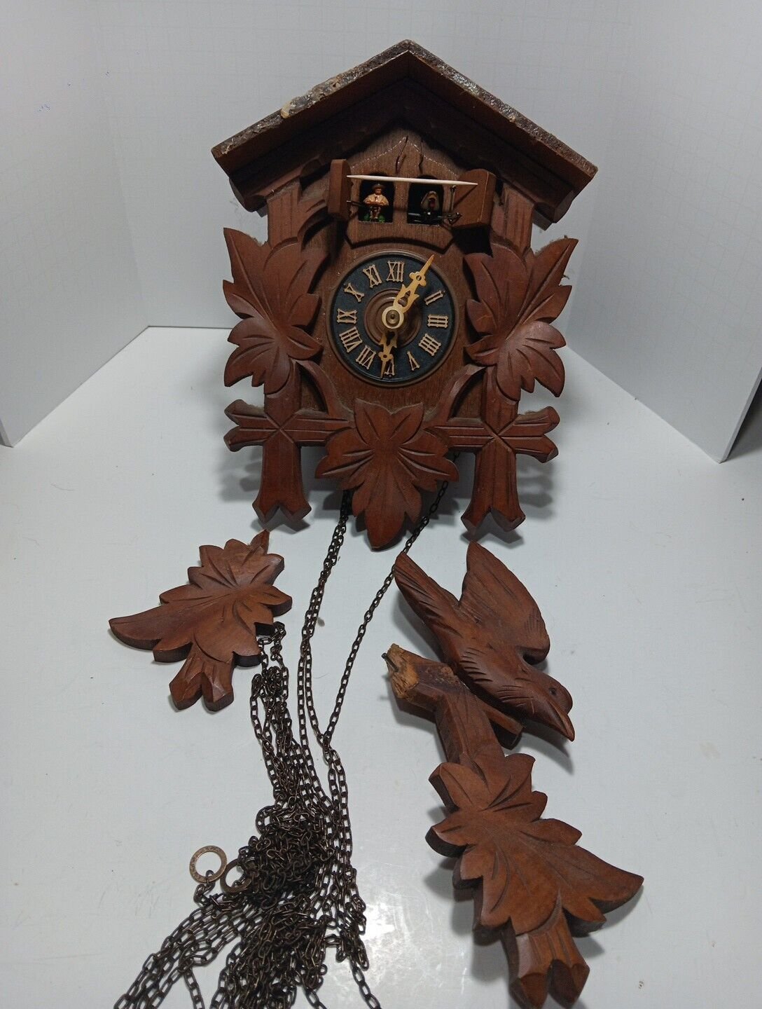 14" Happy Wanderer Antique Large Black Forest Cuckoo Clock Carved Wood Bird Man