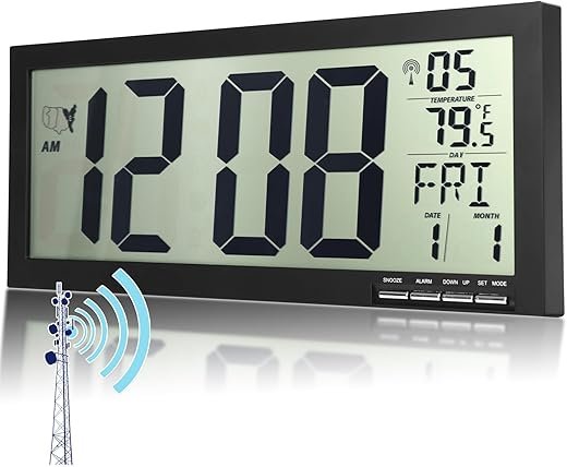 16 Atomic Digital Clock Large Display - Self-Setting Digital Wall Clocks Battery Operated for Living Room Kitchen Office,Auto DST