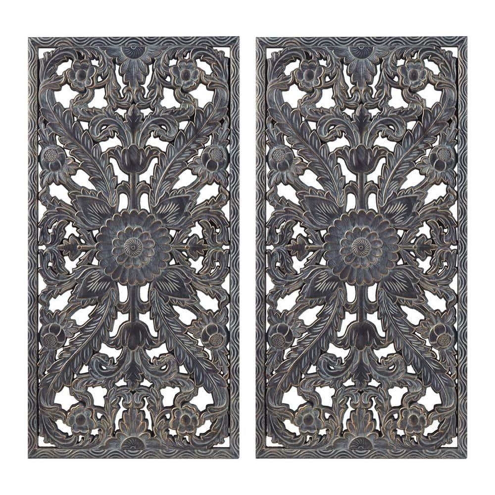 31.5 in. x 15.75 in. Antique Blue Carved Wood 2-Piece Wall Decor...