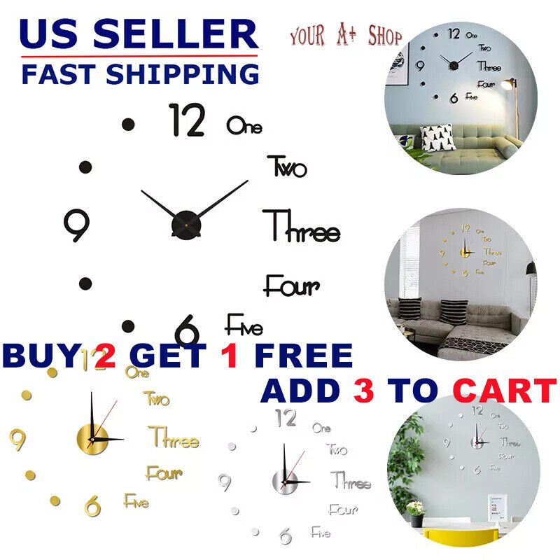 3D DIY Large Wall Clock Mirror Surface Modern Sticker Office Home Shop Art Decor