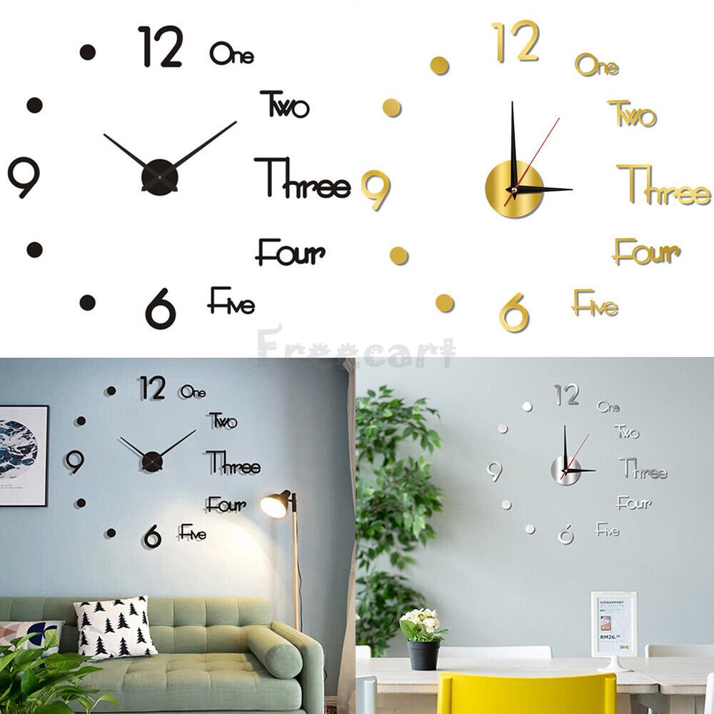 3D Wall Clock Mirror Surface Large Modern DIY Sticker Office Home Shop Art Decor