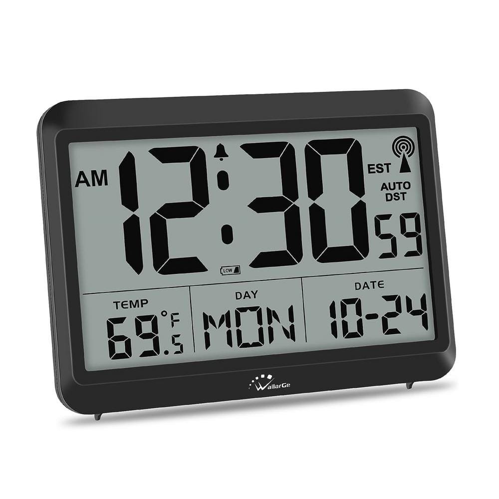 8.5 in. Black Digital Thermoplastic Atomic Clock with Indoor Temperature and Humidity...