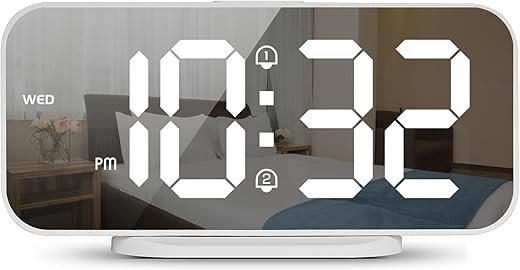 ALANAS Digital Alarm Clock with Dual Alarms, Mirror LED Bedroom Alarm Clocks for Kids, Adjustable Brightness, Snooze, 2 USB Ports for Cellphone Charging, 12/24 Hour Display., White