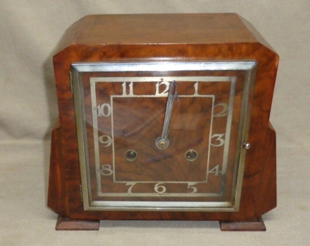 Antique Art Deco Chrome & Wood Mantle Clock