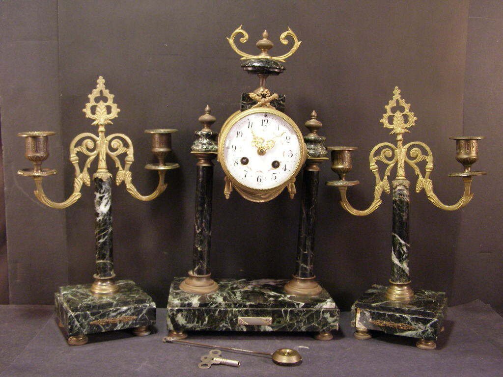 Antique French 3-Pc Marble Gilt Bronze Portico Mantel Clock Garniture Candelabra