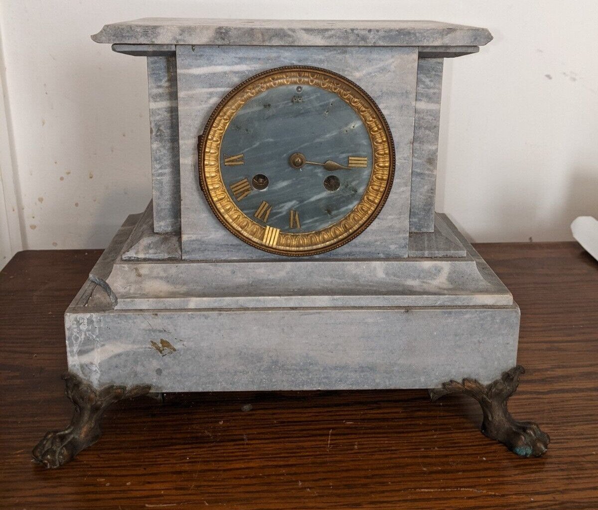 Antique French Grey Marble Mantel Mantle Clock