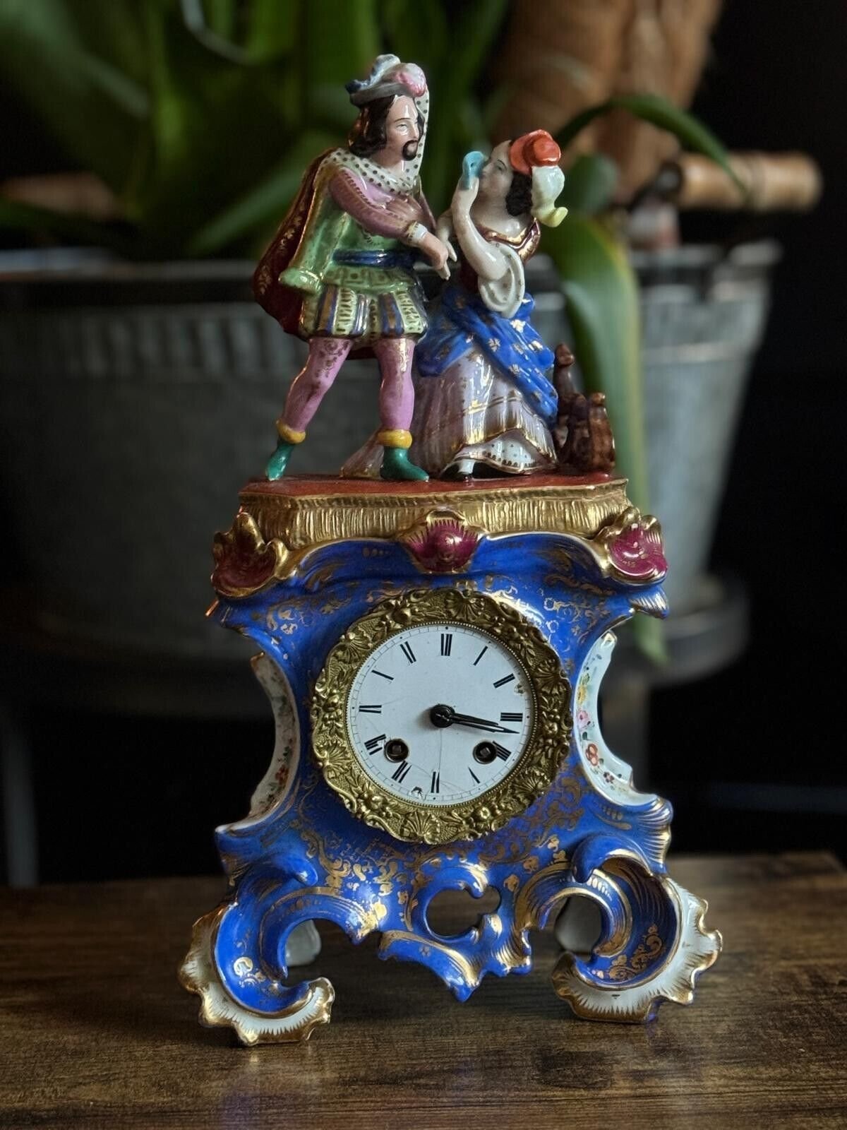 Antique French Porcelain Mantel Clock With Figurative Pediment C.1890