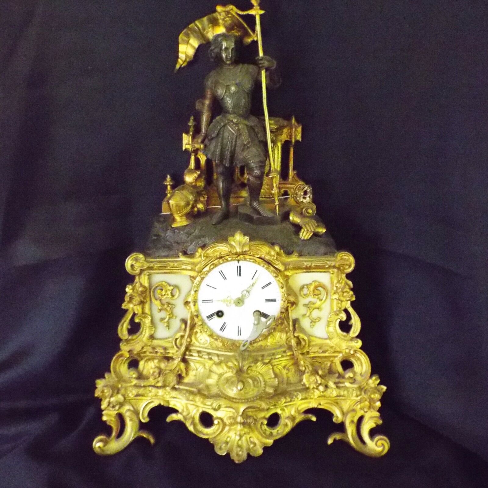 ANTIQUE FRENCH ROCOCO BRONZE MARBLE ORNATE GILT ORMULU "CRUSADER" MANTEL CLOCK