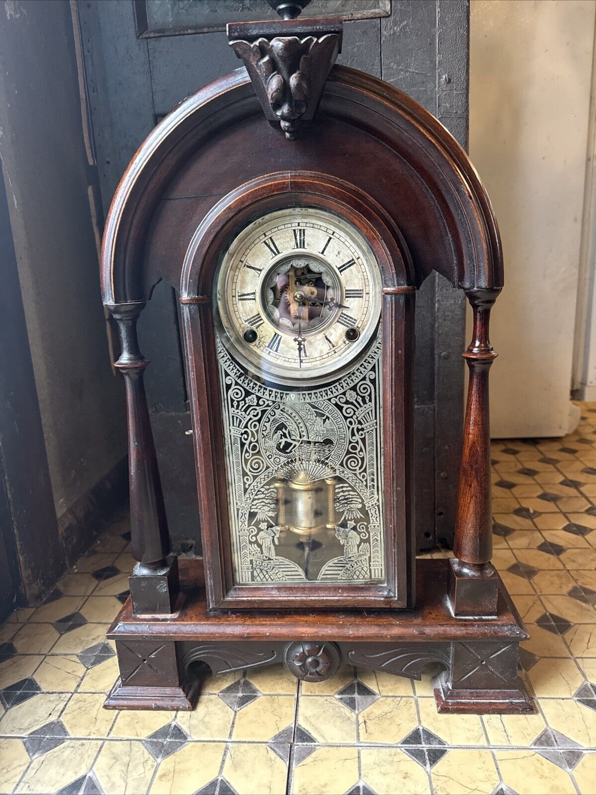 Antique George B. Owen Working Mantel Clock Victorian AlarmTime/Strike Keywind