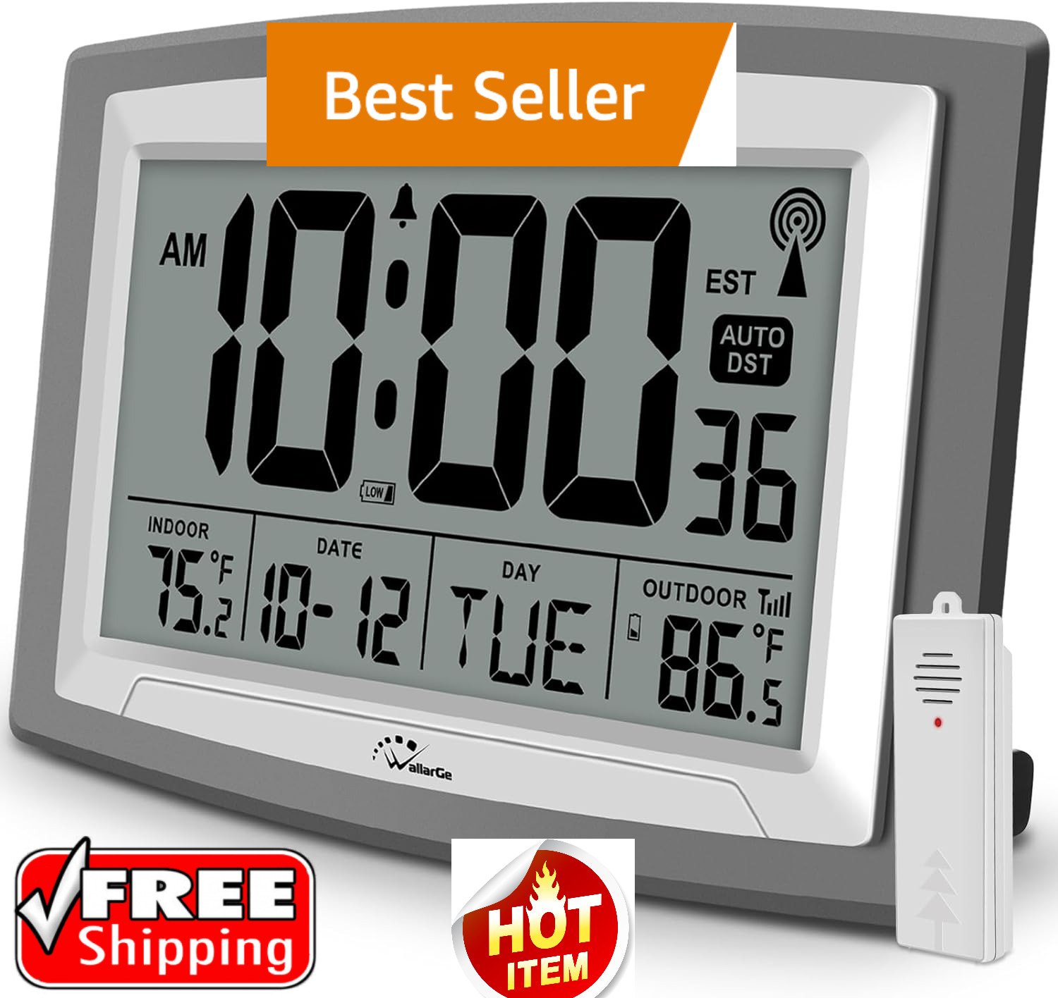 Atomic Clock with Outdoor and Indoor Temperature - 12.5 Inch Self-Setting Digita