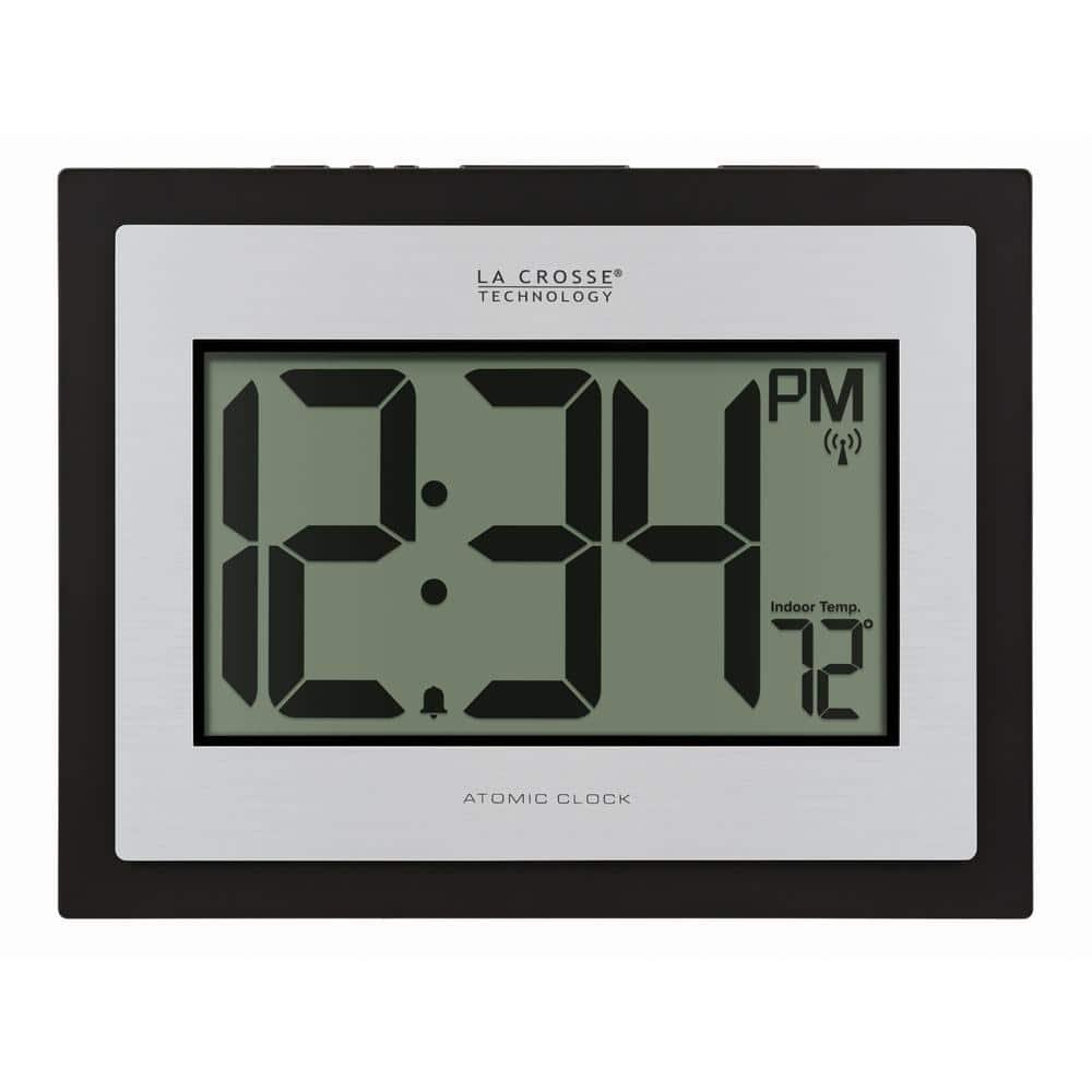 Atomic Digital Black/Silver Clock with Indoor Temperature