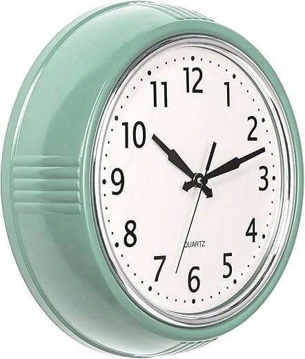 Bernhard Products Retro Wall Clock 9.5 Inch Green Kitchen 50's Vintage Design Round Silent Non Ticking Battery Operated Quality Quartz Clock (Seafoam Green)