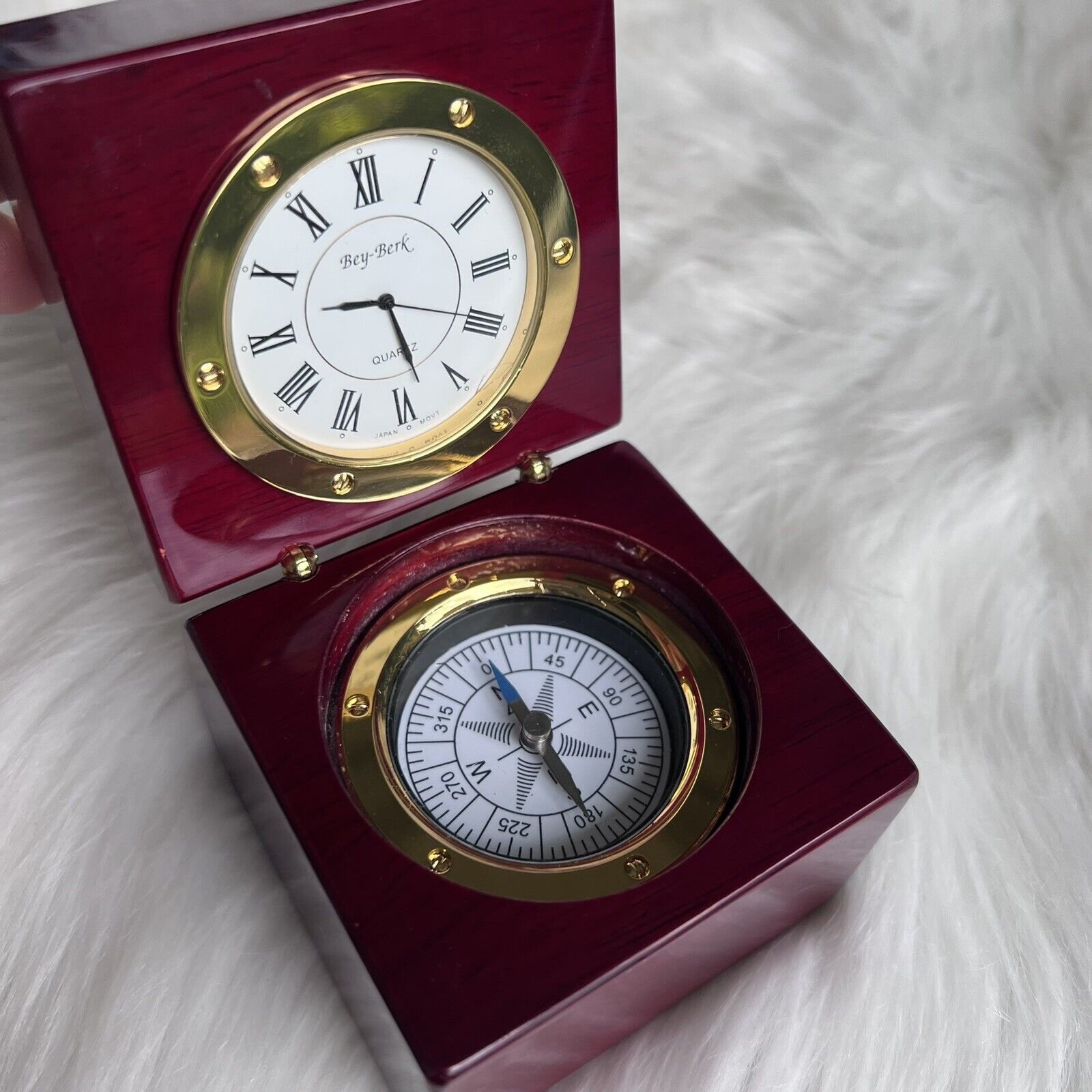 Bey Berk Compass & Clock In Lacquered Rosewood Hinged Box New