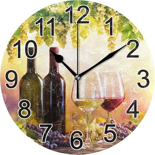 Bottles Wine Glasses Grapes Sunset Wall Clock Non Ticking Silent Kitchen Clock Large Battery Operated Clocks 10 inch for Living Room Bedroom Decor