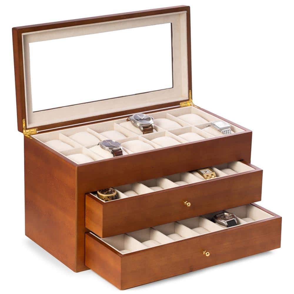 Cherry Wood 36-Watch Box with Glass Top and 2-Drawers, Velour Lining and...