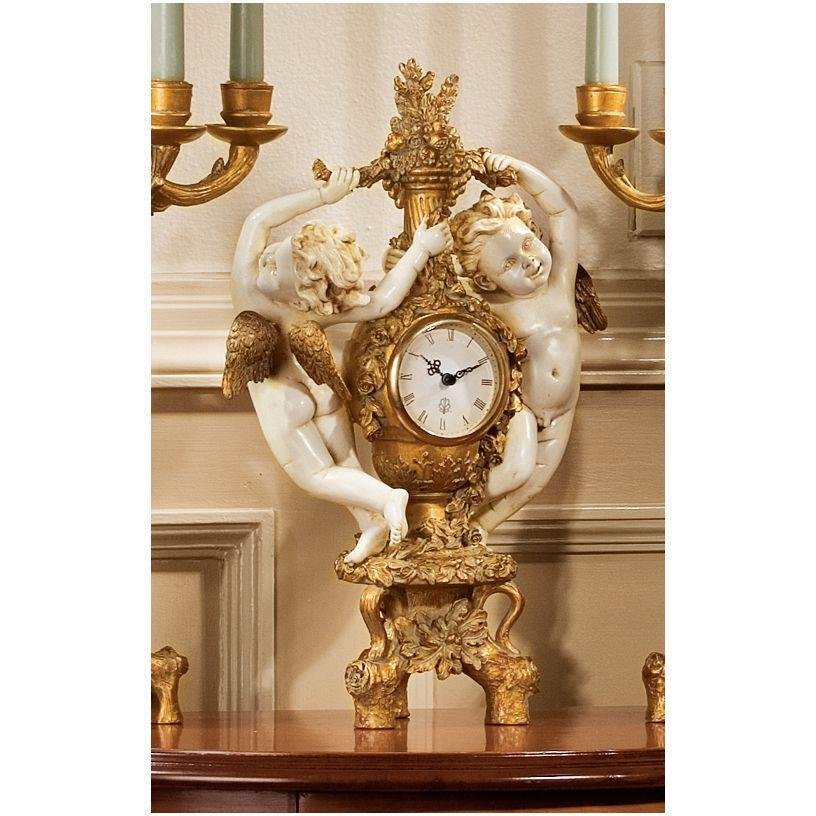 Cherub Sculptural Tabletop Clock Ornate Rococo Style Roman Numerals, Gold/Ivory