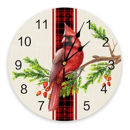 Christmas Red Plaid Cardinal Bird Round Wall Clock Modern Design Kitchen Hanging Watch Home Decor Silent Wall Watch