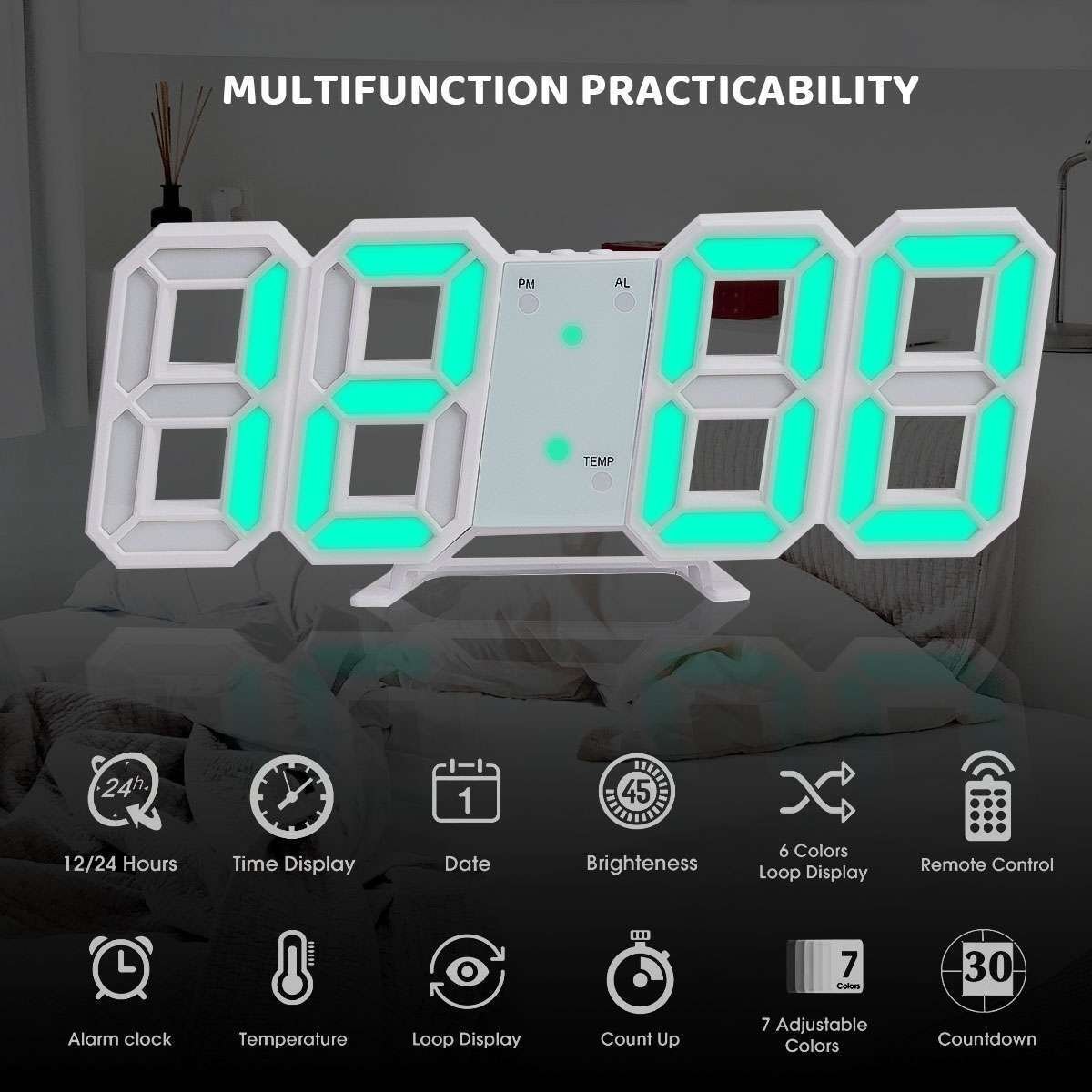 Digital 3D LED Big Wall Desk Alarm Clock Snooze 12/24 Hours Auto Brightness USB