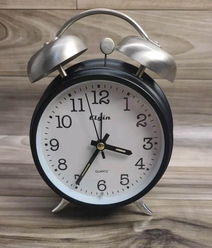 Elgin Bedside Alarm Clock Classic Double Twin Bell Quartz Plastic Tested