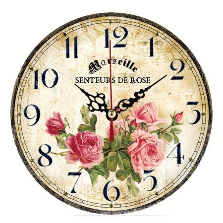 Home Quartz Movement Wooden Round Battery Operated Indoor Decorative Vintage French Floral Wall Clock (Pink Roses AA Battery (not Included)