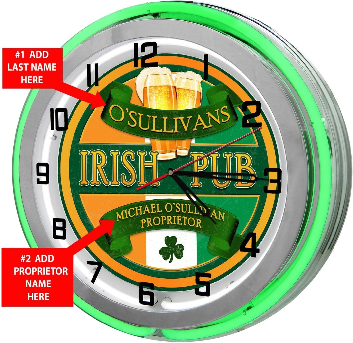 Irish Pub Personalized 18" Green Double Neon Clock from