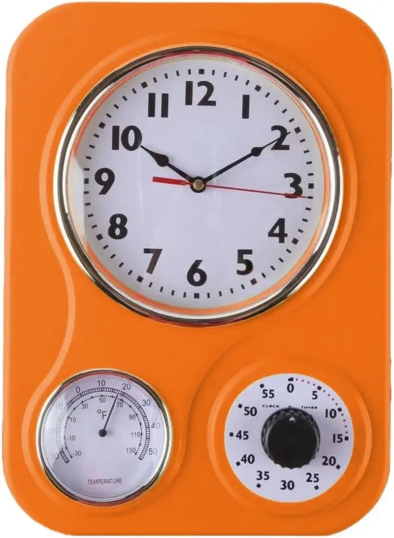 Kitchen Wall Clock W/Built-in Thermometer and 60-Minute Timer Decorative Retro