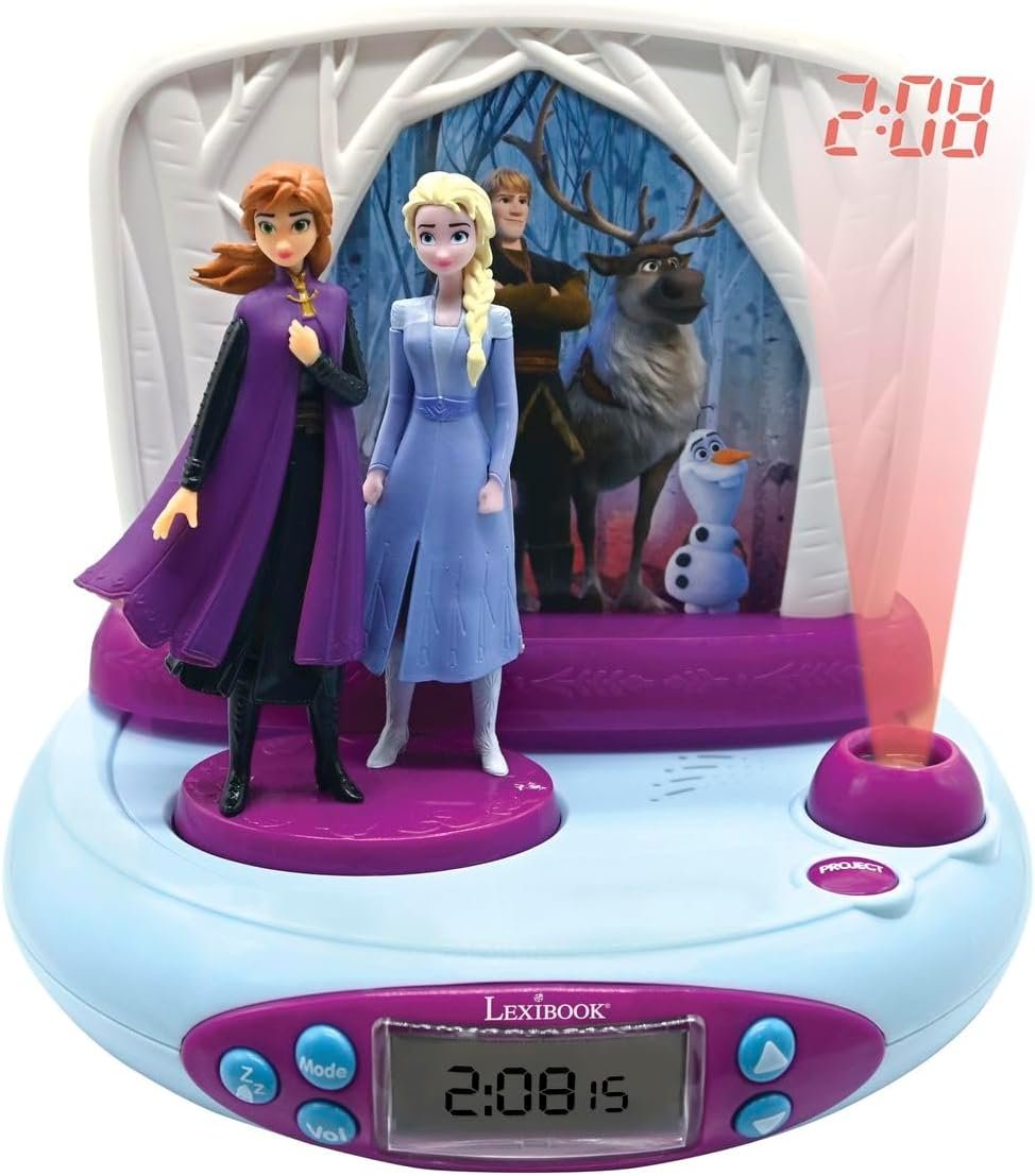 LEXiBOOK Disney Frozen 2 Elsa & Anna, Projector Alarm Clock with Sounds, Night Light, time