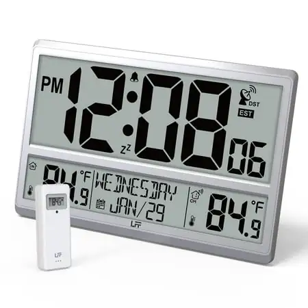 LFF Atomic Clock, Digital Wall Clock with Indoor & Outdoor Temperature, Date, Time, Alarm Clock