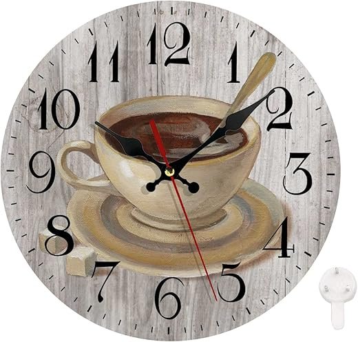 LOKMU Silent Non Ticking Clock 10 Inch, Round Wall Clock,Decorative for Living Room, Kitchen, Home,Bathroom, Bedroom, Office or School, Coffee Cup on Wooden