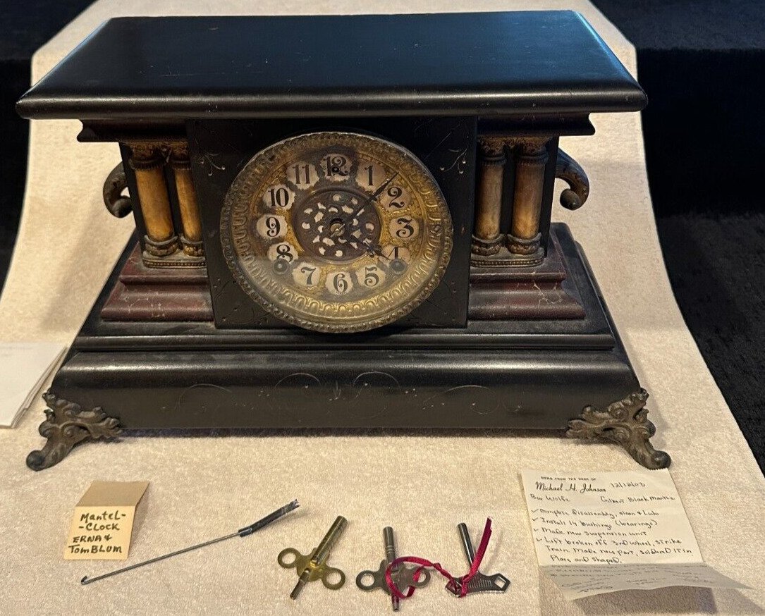 Lovely Antique Gilbert Mantle Clock Black w Pillars