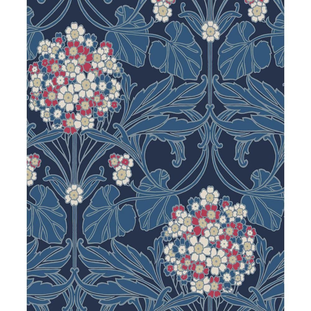 Naval Blue and Raspberry Floral Hydrangea Unpasted Nonwoven Paper Wallpaper Roll 57.5...