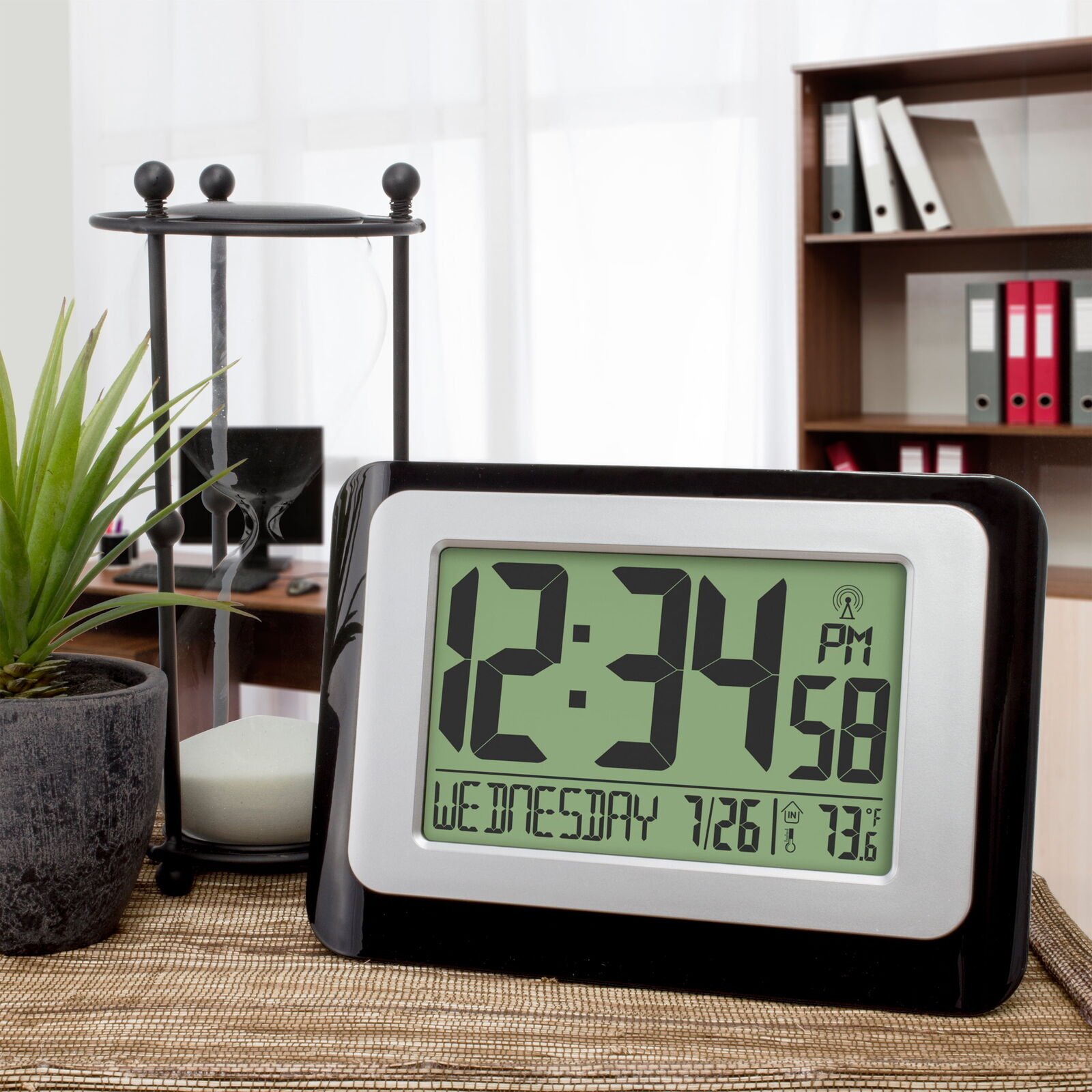 New MainStays Black Atomic Digital Calendar Desk Alarm Clock with Temperature