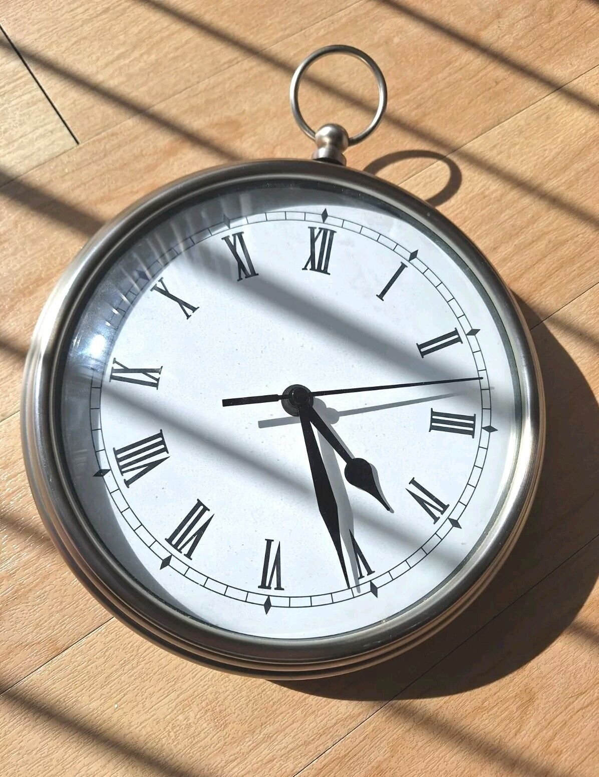 Pottery Barn Pocket Watch Wall Clock Heavy Brushed Silver Pewter Metal 9" Round