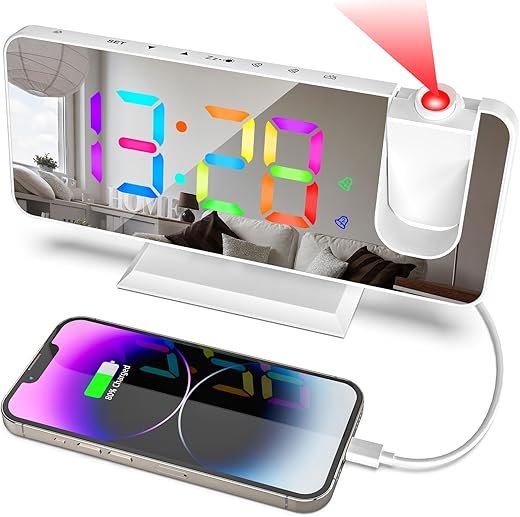 Projection Alarm Clock for Bedrooms Ceiling,7.3 Digital Clock Large Display Mirror Screen,11 Colors RGB Clock with 180° Rotatable Projector,5 Auto Dimmer,12/24h, Snooze,Dual Alarm