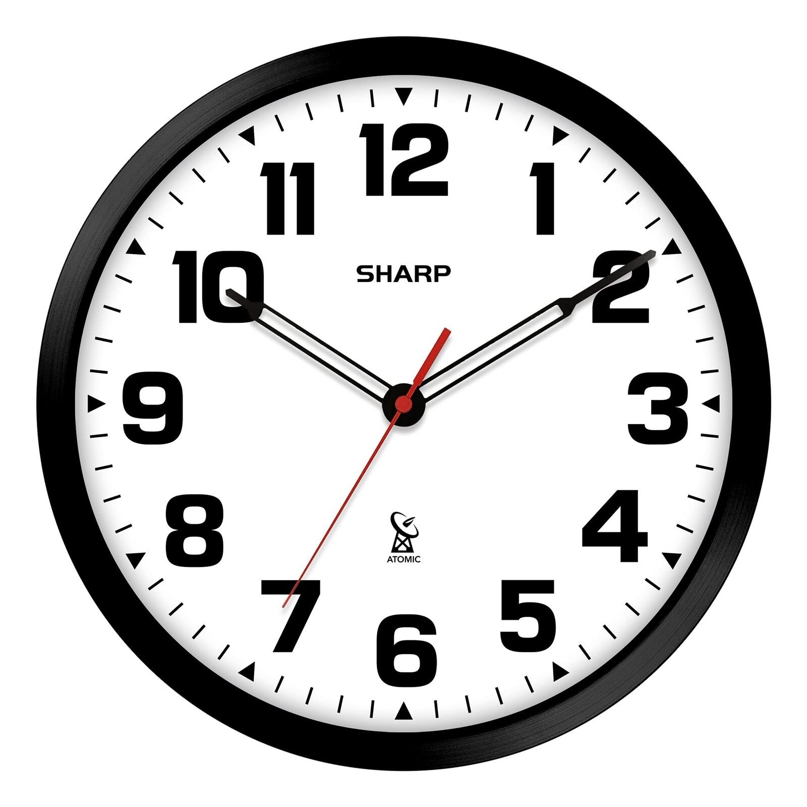 Sharp Atomic Analog Wall Clock - 12" Black Stylish Frame - Sets Automatically- B
