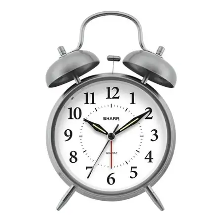SHARP Twin Bell Quartz Analog Alarm Clock, Silver Brushed Metal, Loud Alarm, Battery Operated photo SHARP Twin Bell Quartz Analog Alarm Clock, Silver Brushed Metal, Loud Alarm, Battery Operated