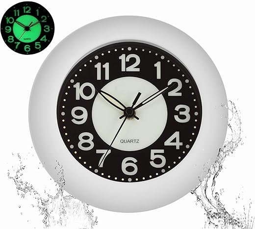 Shower Clock Luminous Bathroom Wall Clock【Waterproof for Water Spray】 Battery Powered, Non Ticking Silent Analog Clocks (White)