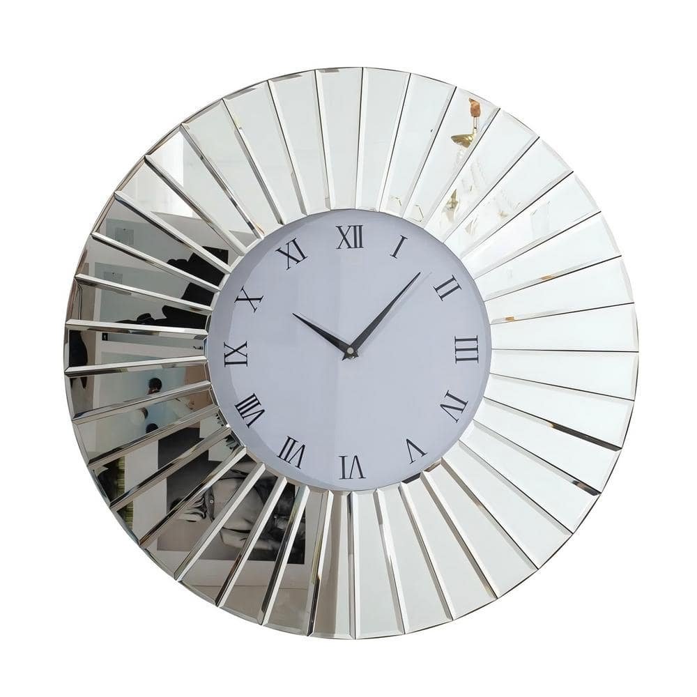 Sunburst Mirror Wall Clock, Silver, Roman Numerals, Mirrored Frame, Decorative Analog Clock