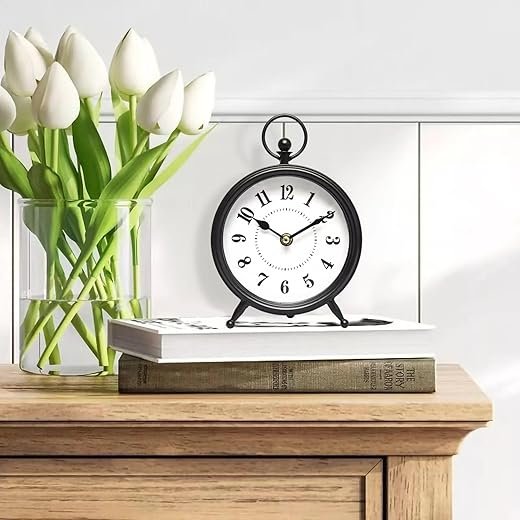 Vintage Black Table Clock on Stand, Decorative Desk and Shelf Clock,Decorative Battery Operated Table Top Clock for Living Room,Silent Non-Ticking(Small)