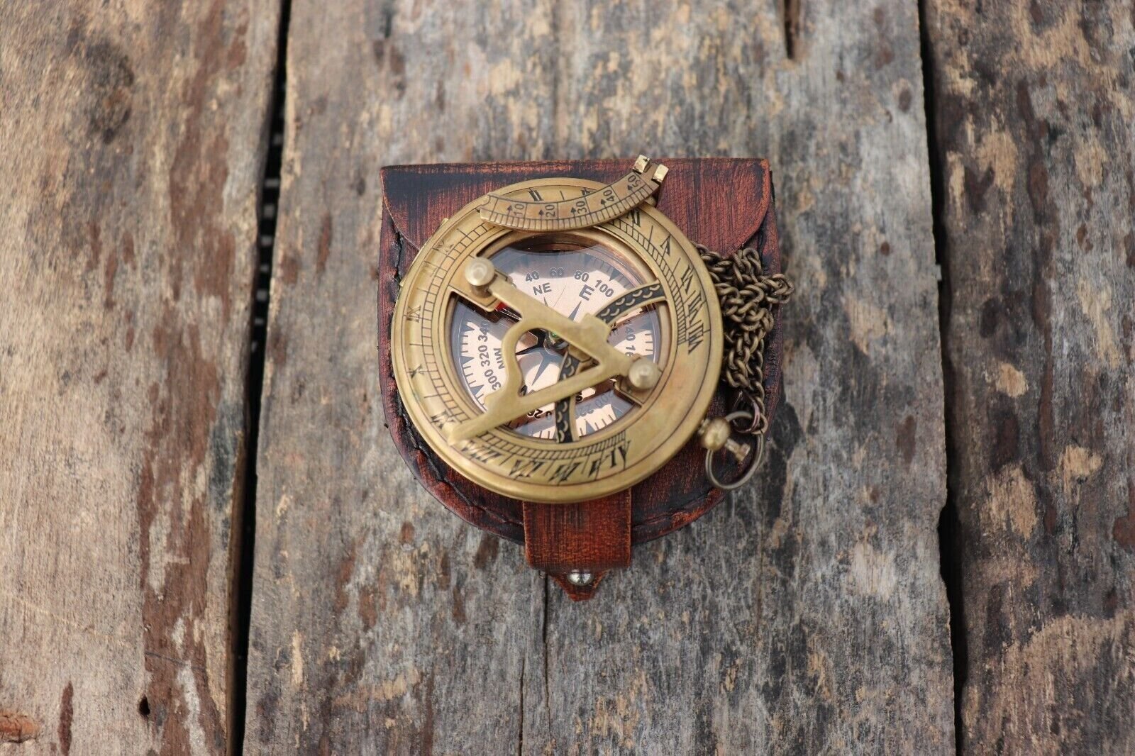 Vintage Brass sundial compass with chain & leather Box nautical gift Compass