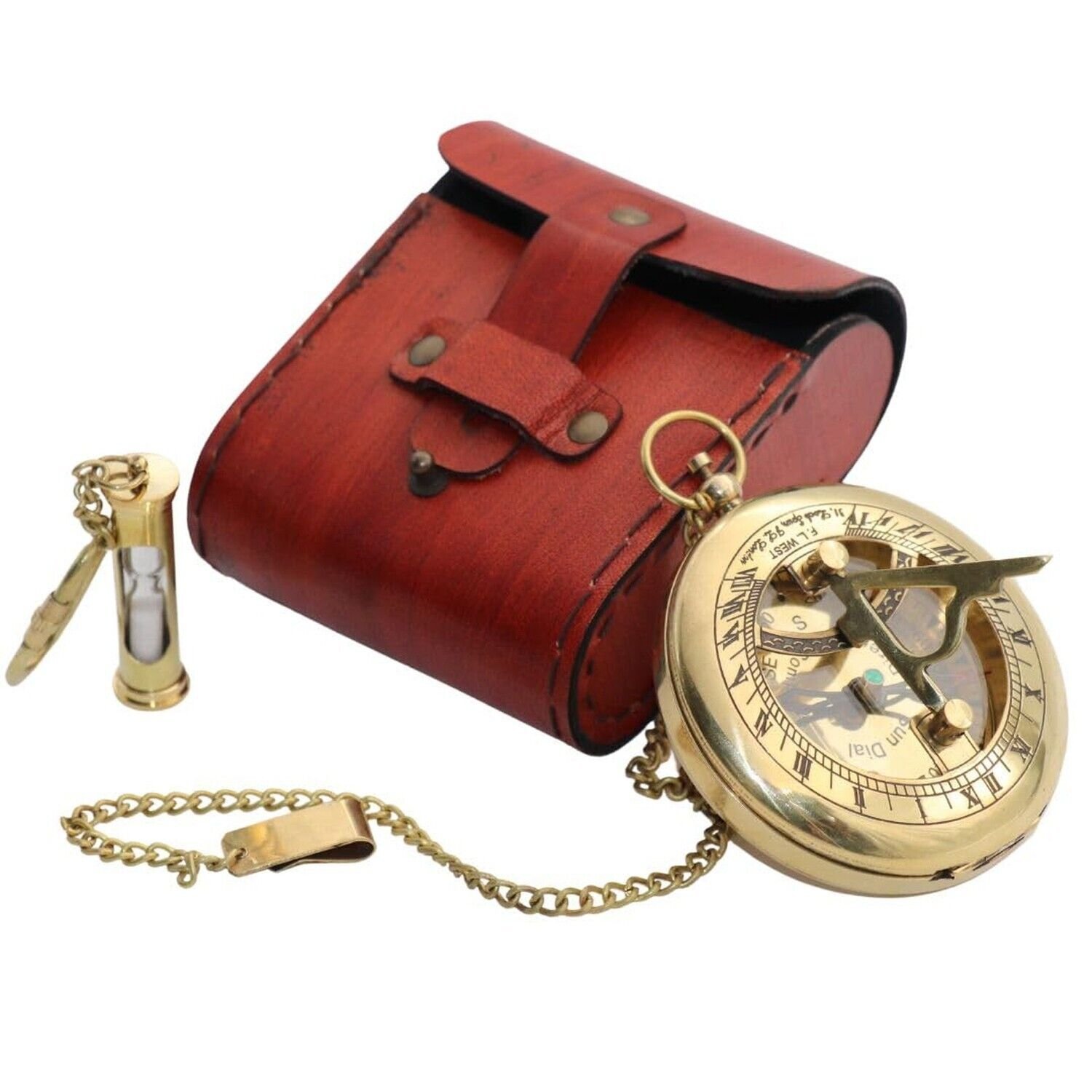 Vintage Brass Sundial Compass with Leather Case - Antique Brass & Copper Sun ...