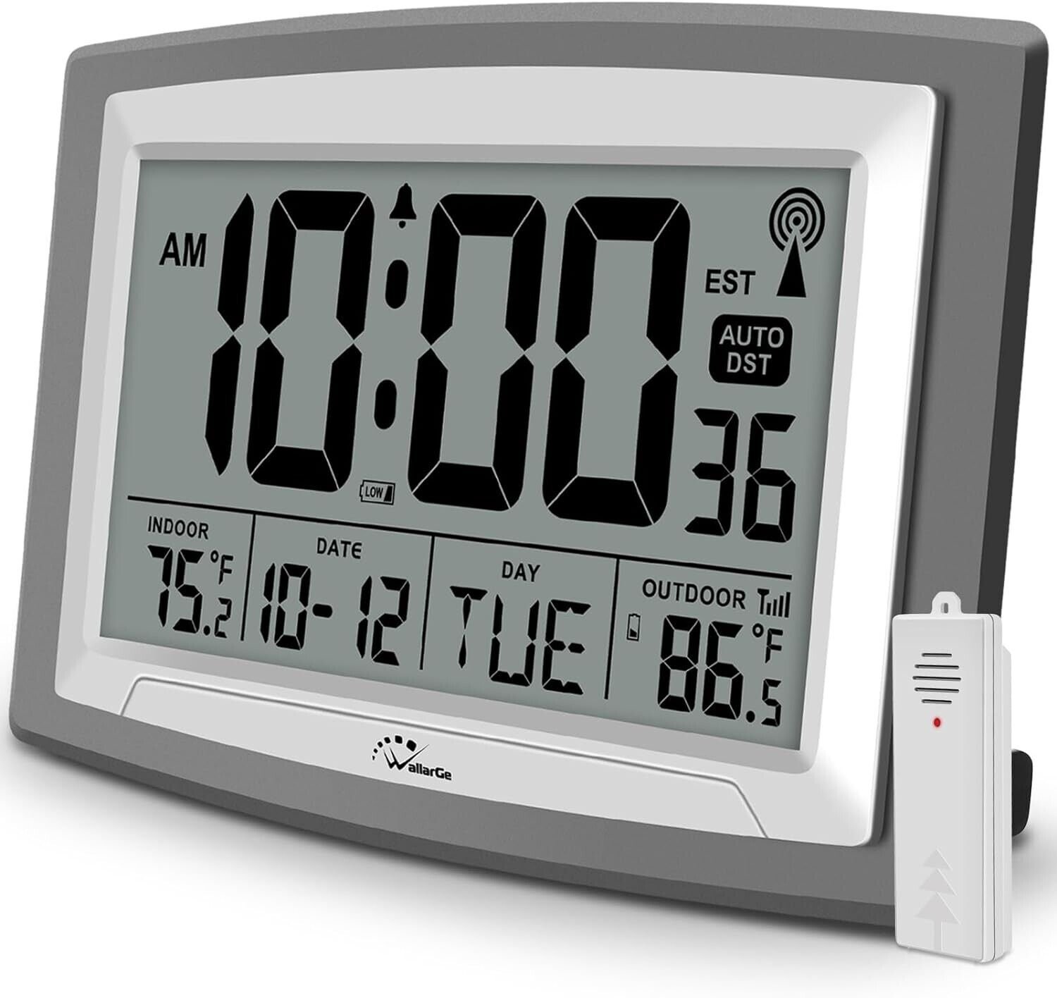 Wallarge Atomic Clock with Outdoor and Indoor Temperature - Self-Setting Alarm D