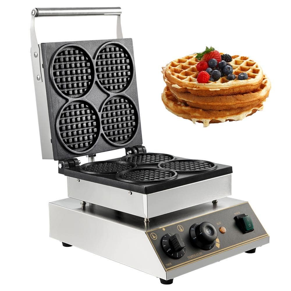 1750-Watt Commercial Round Waffle Cone Maker 4-Waffle Stainless Steel Nonstick Muffin Machine...