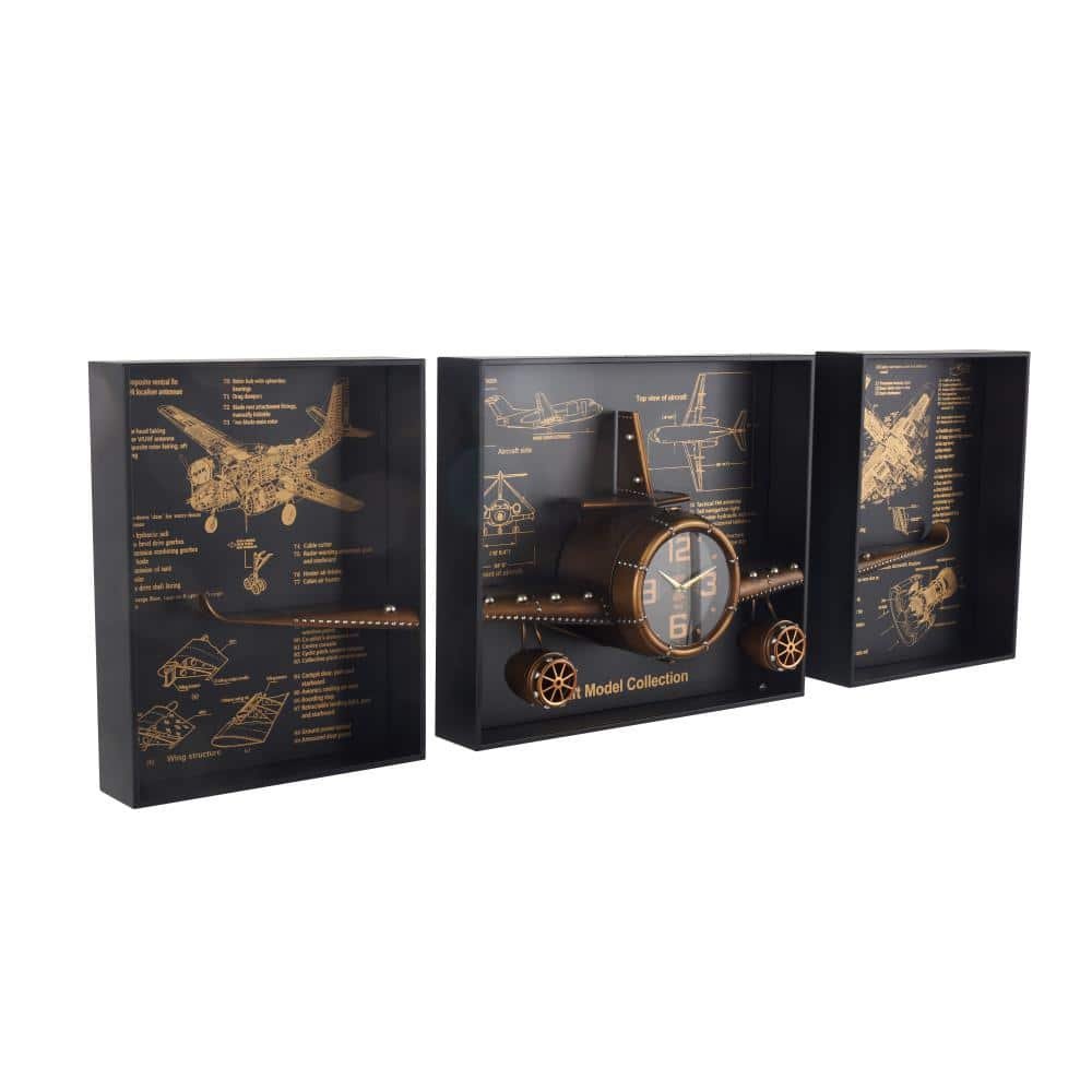 Copper Metal Airplane Wall Clock with Black Frame and Gold Illustrations (Set...