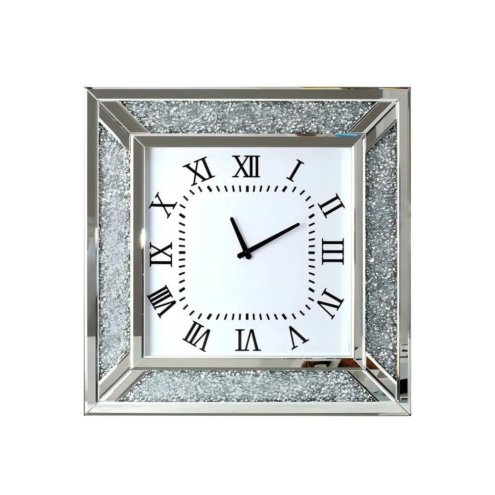 Glamorous Silver Square Wall Clock - Crushed Diamond Inlay, Mirrored Frame, Roman...