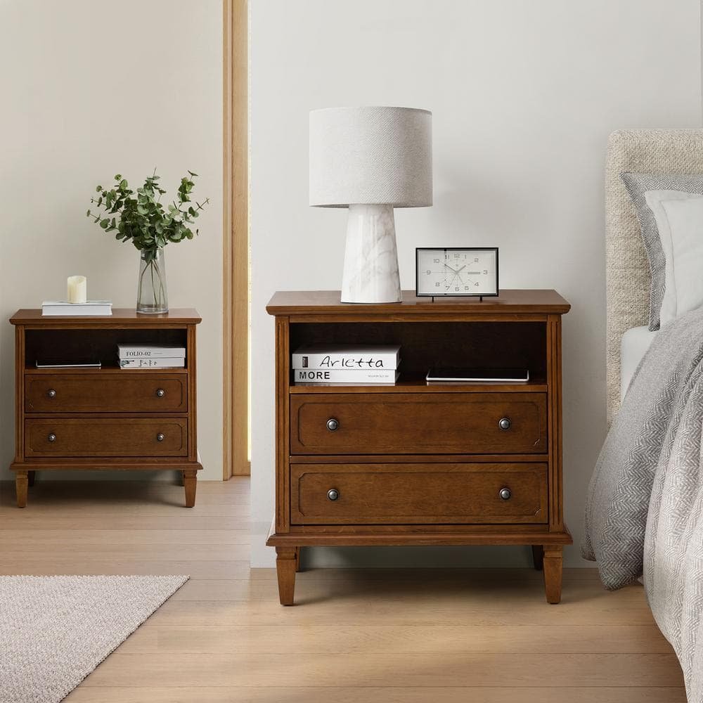 Juiien Mid-Century Solid Wood 2 - Drawer Storage Nightstand with USB Port...