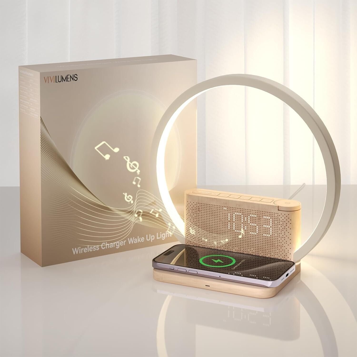 Sunrise Alarm Clocks Wireless Charger, 10 Sound Machine Alarm Clock with30/60/90