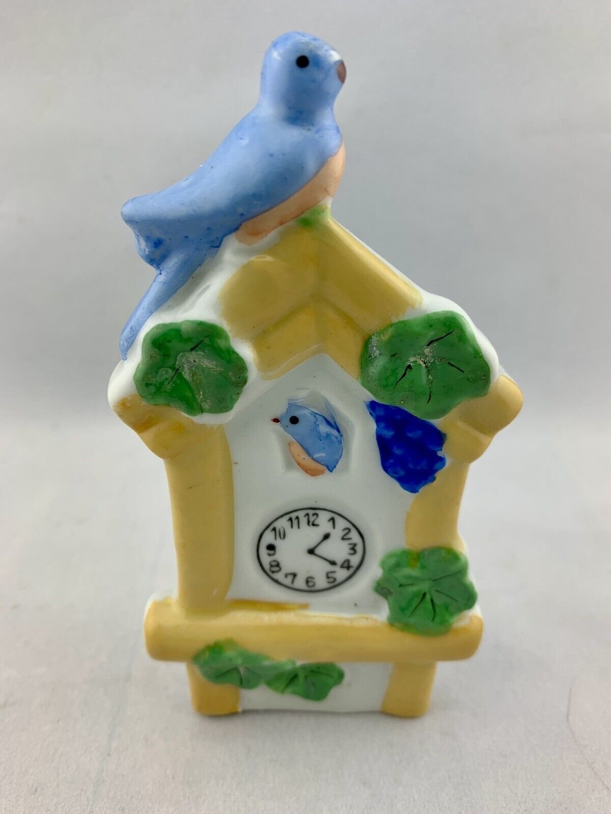 Vtg Luster Cuckoo Clock Blue Bird Robin Leaves Wall Pocket Vase Japan 5.5”